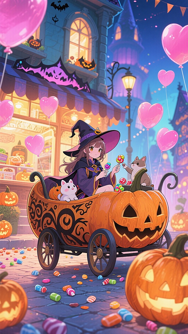 女巫坐着南瓜车载着小动物送糖果，南瓜造型的店铺，周围有南瓜灯、糖果等元素装饰，空中漂浮粉色爱心气球，背景是充满奇幻感的都市建筑，万圣节氛围