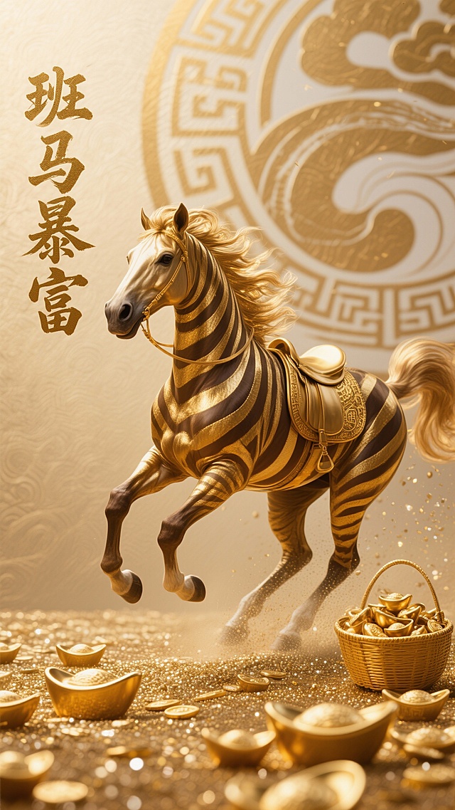 鎏金3D斑马奔腾于金元宝间，中式祥云纹背景，重拟物金属质感，奢华喜庆，寓意“班马暴富”，节日氛围浓郁。