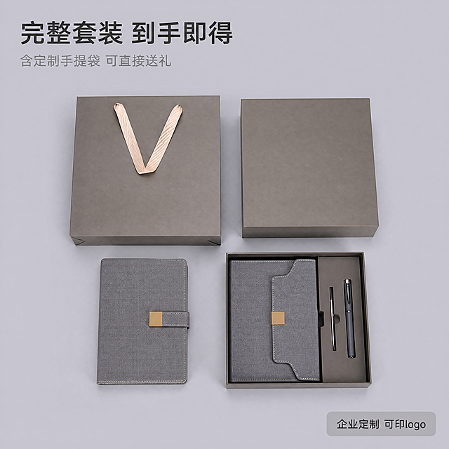 [主图-5] 淡素灰笔记本钢笔礼盒套餐规格展示；氛围风格为规整清晰，高级简约；画质要求商业摄影清晰真实，干净通透；礼盒整套完整展示，包含手提袋、礼盒、笔记本、钢笔四件全套产品，整齐平铺摆放，保持每个产品外观材质颜色与原图一致，无变形色差，整套产品占画面70%，浅灰色背景干净简洁。顶部柔光均匀打亮整套产品，每个产品都清晰呈现，阴影柔和不厚重，整体通透干净。整体淡素灰为主，手提袋浅金色V型装饰做点缀，色彩简约高级。对称平铺构图，整套产品居中，工整有序。顶部左对齐大字"完整套装 到手即得"，深灰色粗体，下方标注"含定制手提袋 可直接送礼"，小号浅灰色字说明，右下角标注"企业定制 可印logo"，小标签浅灰底深字，清晰说明，不遮挡产品主体。1:1比例，4k分辨率，清晰超高清。负向提示词：变形，水印，文字错乱，背景杂乱，产品错位遮挡严重