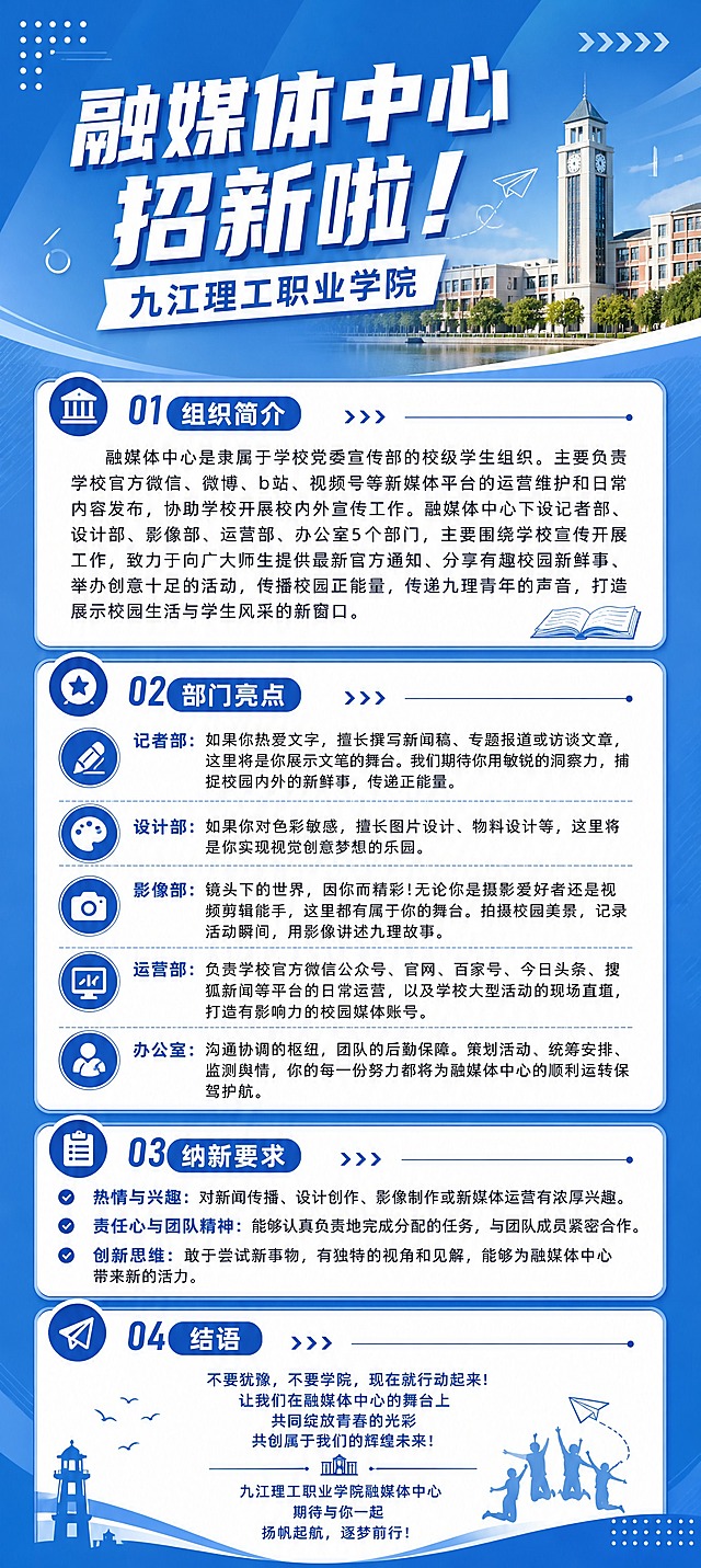 易拉宝规格竖版招新海报，简约蓝色渐变背景，现代校园风，整体清爽专业。顶部大标题："融媒体中心 招新啦"，副标题："九江理工职业学院"。海报内容分四个板块，排版清晰有序，文字清晰易读：

第一板块【组织简介】：
"融媒体中心是隶属于学校党委宣传部的校级学生组织。主要负责学校官方微信、微博、b站、视频号等新媒体平台的运营维护和日常内容发布，协助学校开展校内外宣传工作。融媒体中心下设记者部、设计部、影像部、运营部、办公室5个部门，主要围绕学校宣传开展工作，致力于向广大师生提供最新官方通知、分享有趣校园新鲜事、举办创意十足的活动，传播校园正能量，传递九理青年的声音，打造展示校园生活与学生风采的新窗口。"

第二板块【部门亮点】：
"记者部：如果你热爱文字，擅长撰写新闻稿、专题报道或访谈文章，这里将是你展示文笔的舞台。我们期待你用敏锐的洞察力，捕捉校园内外的新鲜事，传递正能量。
设计部：如果你对色彩敏感，擅长图片设计、物料设计等，这里将是你实现视觉创意梦想的乐园。
影像部：镜头下的世界，因你而精彩!无论你是摄影爱好者还是视频剪辑能手，这里都有属于你的舞台。拍摄校园美景，记录活动瞬间，用影像讲述九理故事。
运营部：负责学校官方微信公众号、官网、百家号、今日头条、搜狐新闻等平台的日常运营，以及学校大型活动的现场直播，打造有影响力的校园媒体账号。
办公室：沟通协调的枢纽，团队的后勤保障。策划活动、统筹安排、监测舆情，你的每一份努力都将为融媒体中心的顺利运转保驾护航。"

第三板块【纳新要求】：
"热情与兴趣：对新闻传播、设计创作、影像制作或新媒体运营有浓厚兴趣。
责任心与团队精神：能够认真负责地完成分配的任务，与团队成员紧密合作。
创新思维：敢于尝试新事物，有独特的视角和见解，能够为融媒体中心带来新的活力。"

第四板块【结语】：
"不要犹豫，不要等待，现在就行动起来!
让我们在融媒体中心的舞台上
共同绽放青春的光彩
共创属于我们的辉煌未来!
九江理工职业学院融媒体中心
期待与你一起
扬帆起航，逐梦前行!"

设计风格：简约蓝白配色，蓝色为主色调，白色文字，适当加入校园元素装饰，几何线条点缀，版式整洁大方，易拉宝竖版构图，适合打印展示。