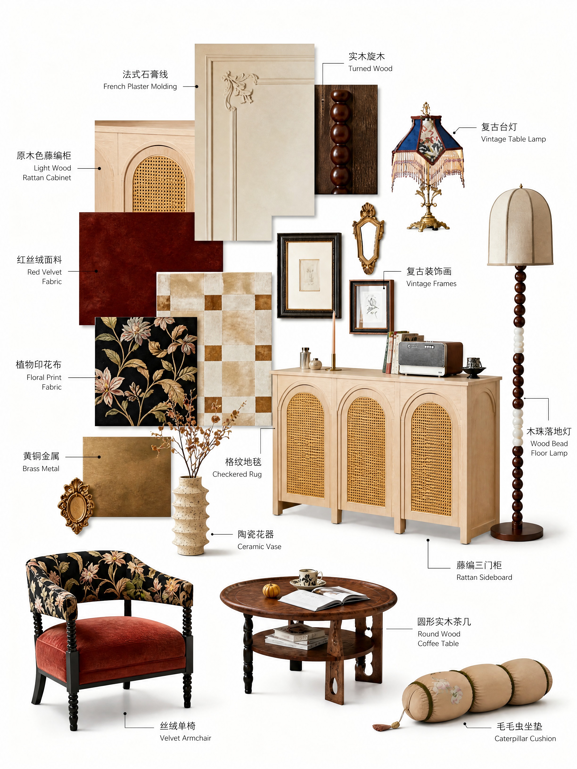 专业软装材质搭配图（Mood Board），干净的纯白色背景，… - 图片创意预览