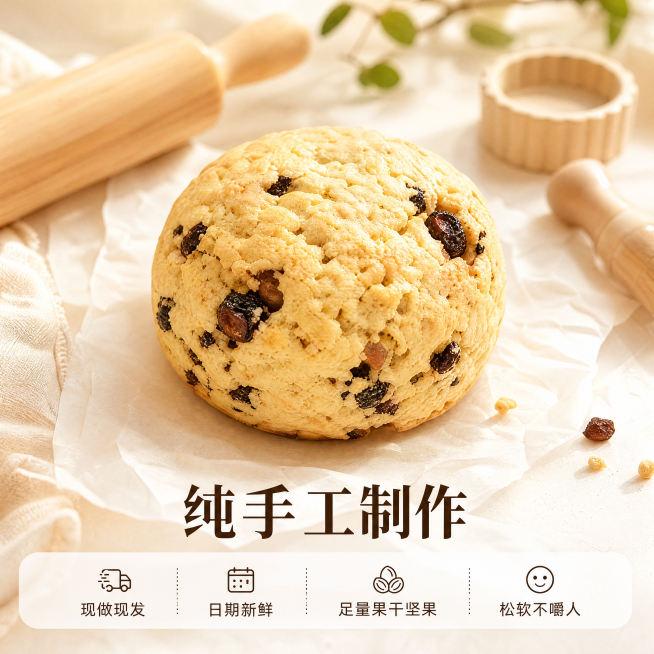 [主图-8] 核心工艺与服务承诺主图。
[氛围风格] 韩系奶油家居风，干净通透；
[画质] 商业摄影质感、光线柔和通透、产品清晰真实、画面干净高级。
[元素] 一整个完整司康放在奶白哑光餐桌的中心，旁预览效果