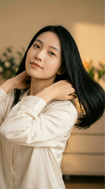 模特双手从脖颈处用力向后甩动长发，带动长发同步向后向外甩出，发丝在空中形成顺滑流畅的弧形，全程无打结、无炸毛，暖金侧逆光在发丝上形成通透的轮廓光，完美呈现产品滋养修护、柔顺亮泽的效果；模特完成甩发动作预览效果