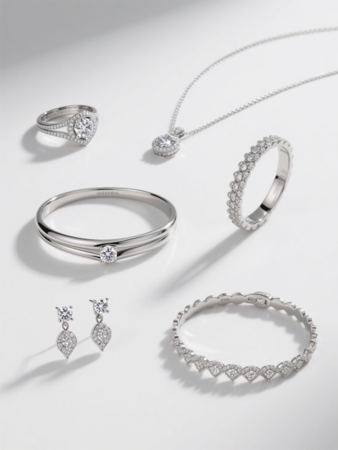 一组6款不同设计的高端铂金钻石首饰，包括戒指、项链、手镯、耳环、胸针和手链，每款首饰均展现出精致的金属抛光质感和璀璨的钻石镶嵌工艺，整体采用极简主义设计风格，纯净的白色背景，高清晰度，专业珠宝摄影灯光效果，每个首饰单品独立展示且整齐排列，保持统一的奢华视觉语言和高端首饰类目特征。预览效果