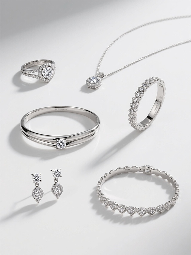 一组6款不同设计的高端铂金钻石首饰，包括戒指、项链、手镯、耳环、胸针和手链，每款首饰均展现出精致的金属抛光质感和璀璨的钻石镶嵌工艺，整体采用极简主义设计风格，纯净的白色背景，高清晰度，专业珠宝摄影灯光效果，每个首饰单品独立展示且整齐排列，保持统一的奢华视觉语言和高端首饰类目特征。