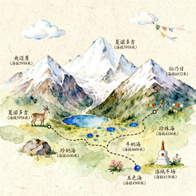 一张治愈系手绘风格的稻城亚丁旅游地图，浅米色肌理纸纹，柔和的水彩色调。画面主体是亚丁核心景区，央迈勇、夏诺多吉、仙乃日三座神山以手绘水彩风格呈现，巍峨而圣洁。山脚下，珍珠海、牛奶海、五色海如同散落的蓝预览效果