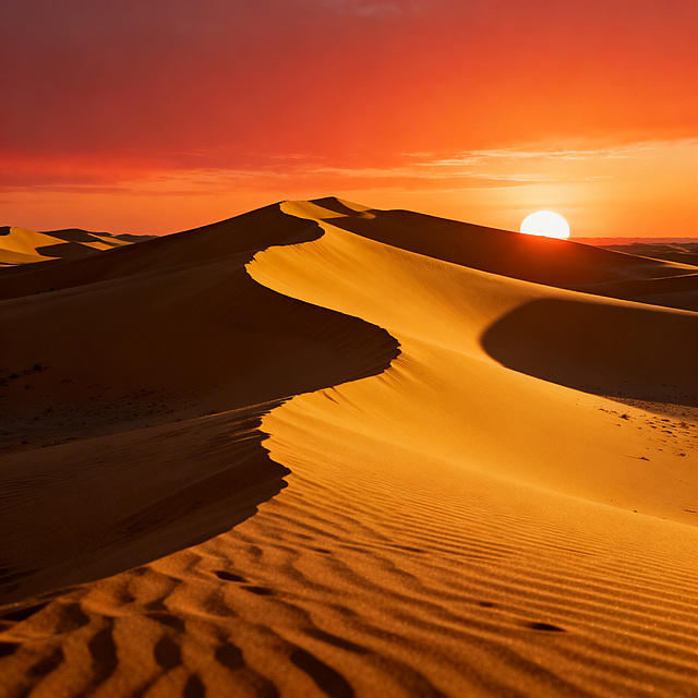 超写实自然风光，沙漠日落，金黄色沙丘连绵起伏，夕阳拉长影子，天空橙红，沙漠纹理细腻真实