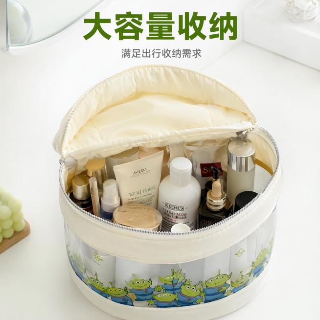 [主图-5] 迪士尼三眼仔洗漱包容量展示图
[氛围风格] 清新明亮的商品展示风格，干净简约适合1688平台
[画质] 商业摄影质感、光线柔和通透、产品清晰真实、画面干净高级
[元素] 迪士尼三眼仔洗漱预览效果