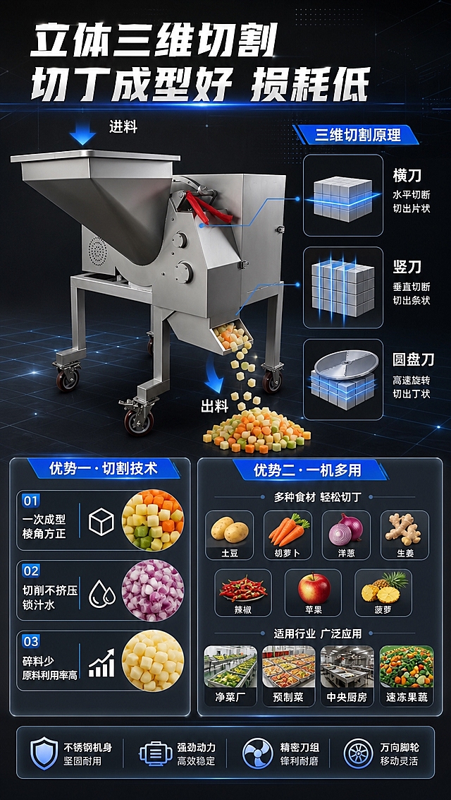 [商品] 使用【图2】【图3】蔬菜切丁机；保留进料斗、刀箱结构、出料口、不锈钢机身、万向轮支架等整体结构和银灰色金属材质；重点展示进料到出料的切割流程方向，修复提升金属质感和精密感，不改变产品结构。
[画面] 核心技术优势页，目标讲清三维立体切割原理和多食材适配能力；9:16竖版构图，上半部分放产品侧视大图（图3角度），占画面约45%，旁边用蓝色线条和箭头示意「横刀-竖刀-圆盘刀」三维切割路径；下半部分分左右两栏，左栏讲切割技术优势，右栏展示适配食材图标和适用行业；背景为深灰科技底，有淡蓝色光效点缀。
[视觉] 套系策略：风格=工业科技风商用设备商业摄影；标题字=粗黑无衬线工业字体，厚重有力；正文字=简洁无衬线黑体；主色=深灰+金属银；背景延展=深炭灰渐变底，叠加细微网格纹理和蓝色科技光带；强调色=科技蓝(#1E6FFF)，用于切割路径示意线、图标和重点标签；标题色=纯白；正文色=浅灰蓝；组件=圆角半透明信息卡、蓝色引线箭头、食材图标；光影=左前侧硬柔光，突出不锈钢质感，产品底部有投影。
[文字] 顶部主标题「立体三维切割 切丁成型好 损耗低」；产品旁用引线标注「横刀」「竖刀」「圆盘刀」三组刀组；下半部分左栏标题「优势一·切割技术」，3个要点：一次成型棱角方正、切削不挤压锁汁水、碎料少原料利用率高；右栏标题「优势二·一机多用」，列出食材：土豆/胡萝卜/洋葱/生姜/辣椒/苹果/菠萝，适用行业：净菜厂/预制菜/中央厨房/速冻果蔬；文字全部横向排版。
[规格] 图片比例9:16竖版，4K分辨率，medium质量；避免变形、错字、文字过小、产品结构失真、卡通风格、白底孤立。