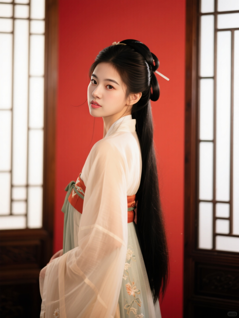 女生，汉服，古风发型，红色背景，中式窗户预览效果