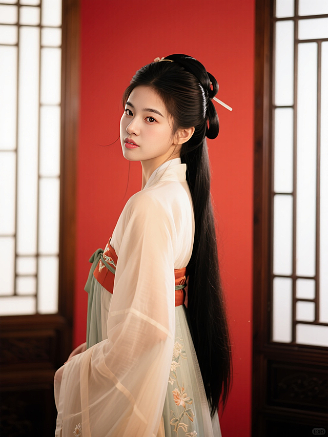 古典中式工笔风，细腻刺绣点缀，优雅汉服展现传统美感。