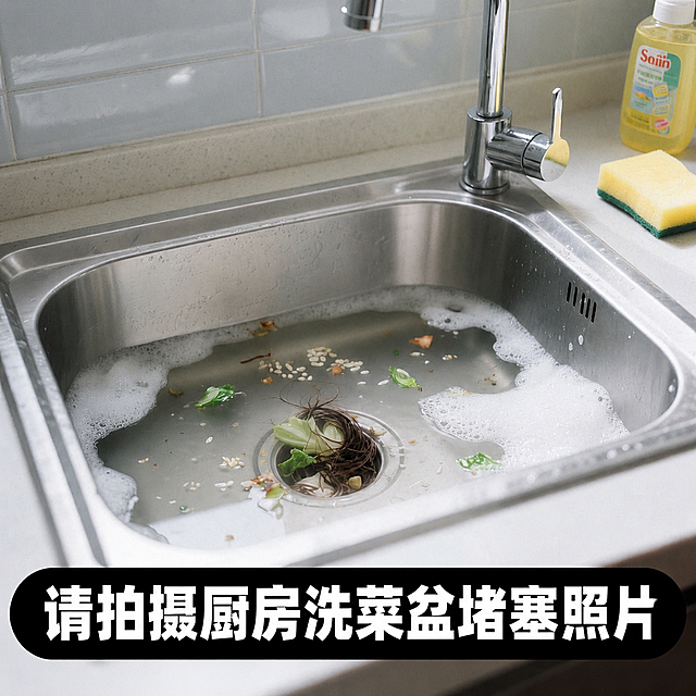 在图片底部添加黑色圆角矩形背景条，上面有白色粗体大字，文字内容为“请拍摄厨房洗菜盆堵塞照片”，文字样式与参考图二的文字样式完全一致，字体为粗体无衬线字体，文字居中排列，黑色圆角背景条横跨图片底部，保持图片原有内容不变