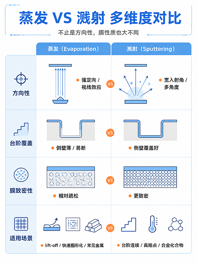 3:4竖版扁平化矢量科技插画，白底浅蓝科技配色，线条干净简洁，学术科普风，无厚重光影，不要写实渲染，不要出现人物，与前三张风格统一。画面顶部大标题文字："蒸发 VS 溅射 多维度对比"，副标题小字："不止是方向性，膜性质也大不同"。画面采用左右两列对比表格布局，共4行对比项。第1行"方向性"：左蒸发图标为窄角度直线箭头，标注"强定向 / 视线效应"；右溅射图标为宽角度散射箭头，标注"宽入射角 / 多角度"。第2行"台阶覆盖"：左蒸发台阶剖面侧壁薄、有阴影，标注"侧壁薄 / 易断"；右溅射台阶剖面侧壁均匀，标注"侧壁覆盖好"。第3行"膜致密性"：左蒸发膜层结构示意有孔隙，标注"相对疏松"；右溅射膜层结构更紧密，标注"更致密"。第4行"适用场景"：左蒸发标注"lift-off / 快速图形化 / 常见金属"；右溅射标注"台阶连续 / 高熔点 / 合金化合物"。每行用浅蓝底色分隔，关键差异用橙色小圆点标注。整体学术可视化风格。
