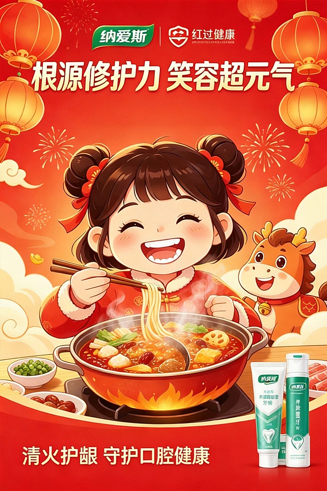 参考参考图的整体画面颜色和主体人物风格，春节纳爱斯养龈健齿牙膏清火护龈宣传海报，主题文字"根源修护力 笑容超元气"，主体是微笑露齿的可爱女孩，身穿红衣搭配火锅红灯笼烟花，突出清火护龈，守护口腔健康，喜庆大红色调插画，符合品牌调性