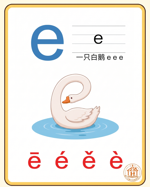 保持图片原内容不变，原是一张拼音e的教学卡片，调整logo位置到图片右下角，统一尺寸和另外两张一致，保留所有文字和图案，风格和原图保持一致预览效果