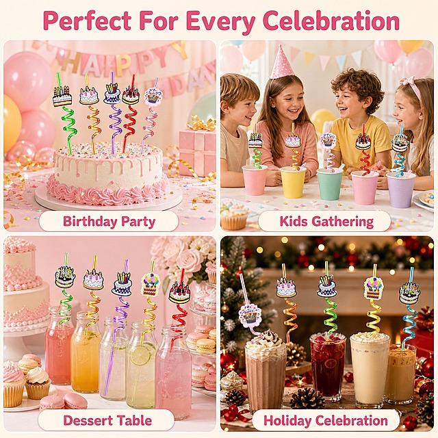[主图-2] Birthday Cake Spiral Straws Set 多场景适用图 4宫格场景展示。
[统一基调] 马卡龙粉+奶油白+浅金色生日派对色调，柔和自然光，整体明亮温馨，通透干净，商业摄影质感，字体为圆润无衬线粗体，标题字色深粉色，辅助字色暖灰色，卡片为奶油白底圆角设计。
[画面] 画面采用2x2四宫格布局，每格展示一个不同使用场景，每格底部有圆角标签：
左上格：生日派对场景 - 桌上的生日蛋糕旁插着几支不同颜色的螺旋吸管，旁边有气球和彩带，标签文字 "Birthday Party"；
右上格：儿童聚会场景 - 几个小朋友围坐桌边，每人杯中都插着一支蛋糕吸管，桌上有纸杯蛋糕，标签文字 "Kids Gathering"；
左下格：甜品台场景 - 精致甜品台上摆放着甜点和饮料，每杯饮料都插着一支蛋糕螺旋吸管，标签文字 "Dessert Table"；
右下格：节日庆祝场景 - 圣诞/新年节日氛围，饮料杯插着蛋糕吸管，旁边有节日装饰，标签文字 "Holiday Celebration"。
每格中的吸管产品外观与参考图一致，颜色和装饰牌造型准确。画面中心上方有大标题。
[光影质感] 每格都有柔和自然光，产品光影自然融入各自场景，吸管表面有光泽，蛋糕装饰牌有立体硅胶质感。
[配色] 主色调马卡龙粉+奶油白，四格场景各自有轻微色调变化但整体统一在马卡龙色系内，标签为奶油白底深粉字。
[文字版式] 画面顶部居中大标题 "Perfect For Every Celebration" 深粉色圆润粗体大字。四宫格每格底部有圆角奶油白标签，内有场景名称文字。文字清晰不遮挡产品主体。
[输出要求] 比例1:1，2048x2048，文字清晰可读，产品清晰不变形。负向：变形、错字、模糊、杂乱、水印、平台Logo、SKU字样、中文文字。