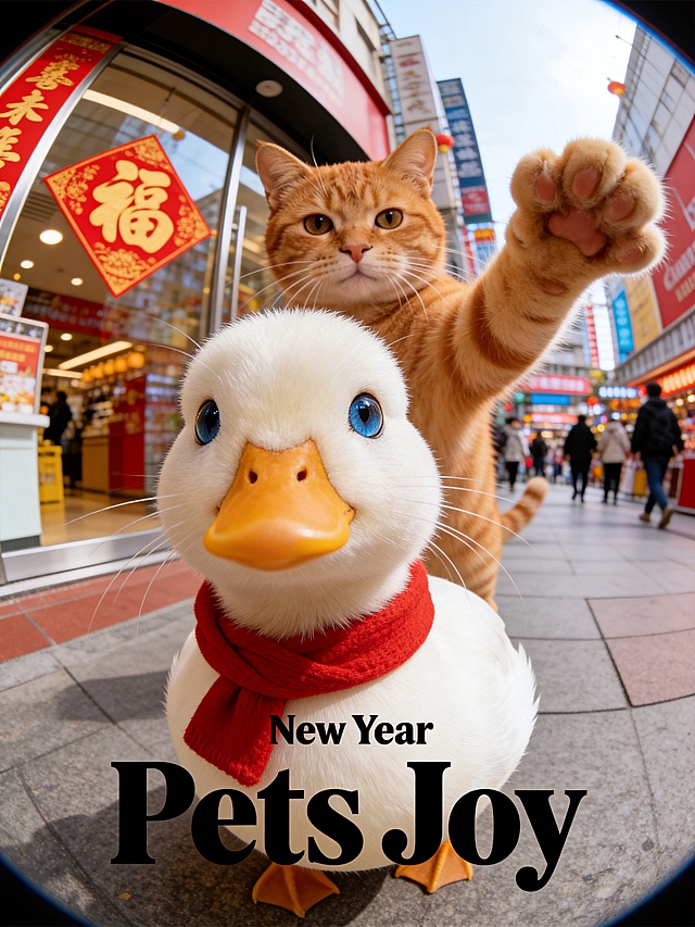 画面底部正中央排版着黑色的粗体小写英文单词“Pets Joy ”，字体风格复古且具有设计感，其上方紧随极其微小的无衬线英文“New Year”。画面采用极具冲击力的超广角鱼眼镜头自拍视角。前景占据视觉主导的是一只柯尔鸭头特写（柯尔鸭为图1），呈现出强烈的透视变形感。柯尔鸭双眼圆睁，瞳孔呈清澈状，直视镜头，面部毛发丝丝分明，带红色小围巾，展现出极度逼真的宠物摄影质感，像以鸭子自拍角度进行拍摄。背景中清晰可见一只可爱的猫咪（图2的猫），看着镜头，举起一只爪子打招呼，与前景淡定的鸭子形成极具幽默感的互动反差。背景环境是热闹的商场，附近商铺贴福字。整体光影为自然日光，色彩鲜艳，兼具时尚杂志大片与趣味网络迷因（Meme）的视觉风格，8K超高清画质，极致的清晰。
