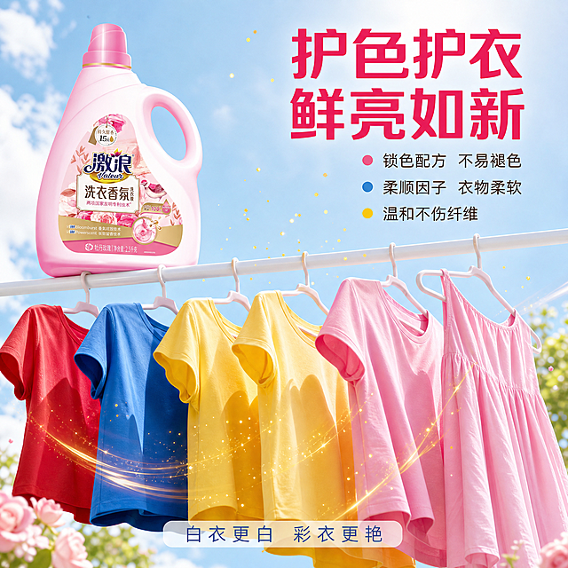 [主图-2] 香氛洗衣液护色护衣卖点图 衣物鲜亮如新对比。
[氛围风格] 鲜亮洁净感 柔粉与多彩搭配 高级商业摄影质感 色彩鲜明 抖音电商主图。
[画质] 商业摄影质感 光线明亮通透 色彩鲜艳真实 画面干净高级 超高清细节。
[元素] 粉色激浪洗衣香氛洗衣液瓶位于画面左上角 占画面约30% 瓶身斜侧展示 画面主体是晾晒在衣架上的多件彩色衣物 有红色 蓝色 黄色 粉色的T恤和裙子 衣物色彩鲜亮 质感柔软 衣物周围有淡淡的金色香氛粒子飘散 背景是明亮的浅蓝色天空和白色云朵 模拟户外晾晒场景 底部是白色的晾衣杆 有几只衣架整齐排列 画面满屏无边框 色彩鲜亮 护色效果直观。保持洗衣液瓶外观与输入产品图绝对一致 杜绝任何变形和色差 精细化处理。
[光影] 明亮自然光为主 模拟户外阳光效果 衣物有自然的光影和褶皱 色彩鲜艳饱和 整体明亮通透 清新自然。
[配色] 主色多彩衣物色 天蓝 白色 辅色玫瑰粉 暖金。
[视角构图] 略微仰视角度 模拟从下往上看晾晒衣物 产品在左上 主体衣物在中央 构图有层次 景深中等。
[文字版式] 右上角大标题 "护色护衣 鲜亮如新" 深粉色大号粗体无衬线字 下方三行小卖点 右对齐 每行前有彩色小圆点 第一行"锁色配方 不易褪色" 第二行"柔顺因子 衣物柔软" 第三行"温和不伤纤维" 都是深棕色中号字。底部居中小字"白衣更白 彩衣更艳" 蓝色细体字 带半透明白底色块。
[输出要求] 1:1比例 文字清晰可辨 超高清商业摄影质感。
[负向提示词] 变形 文字错乱 产品图模糊 背景杂乱 水印 电商平台Logo 灰暗 褪色感。