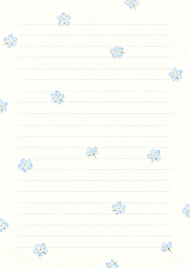 生成一张清新好看的信纸，纸面为柔和米白色，印有均匀的浅灰色书写横线，纸面点缀多朵浅蓝色小花，小花分布自然，整体风格清新雅致，适合书写使用
