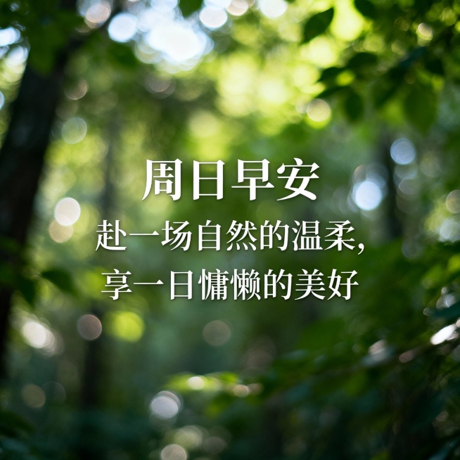 自然森系风，森绿背景，模糊树叶光影效果，林间光斑点缀，文字居中森系字体：周日早安 赴一场自然的温柔，享一日慵懒的美好，清新自然，氛围感，户外森系，方形配图预览效果