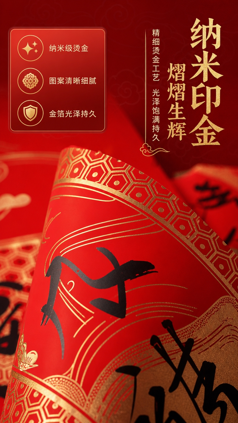 [商品] 使用【图2】对联细节特写；保留红底纸张质感、金色六边… - 图片创意预览