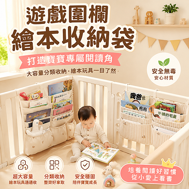 生成适配台湾虾皮市场的游戏围栏绘本收纳袋热销商品图，画面温馨干净充满母婴居家氛围感，突出打造宝宝专属阅读角、大容量分类收纳的卖点，放大主标题文字尺寸，所有文字均为繁体中文，全程不出现任何价格相关元素，充分激发宝妈群体的购买欲望