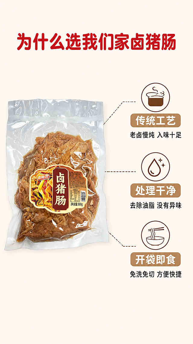 [第7屏] 卤猪肠三大核心卖点拆解屏。
[氛围/风格] 信息清晰，卖点突出，简洁明了的拼多多接地气风格。
[元素布局] 顶部大标题，中部为真空包装卤猪肠主图，三个卖点从包装引出到右侧竖向排列，每个卖点配小图标、短标题和说明文字。保留包装和产品外观与【图2】一致。
[光影质感] 均匀自然光，产品和文字都清晰可见，层次分明。
[配色色系] 全局底色：#FFF8F0（暖米白）；卖点标签使用浅棕色底配白色文字，标题用红色，正文用黑色，保持全套配色统一，不新增颜色。
[视角构图] 左产品右卖点的左右分栏构图，信息层级清晰，竖向排列符合移动端阅读顺序。
[文字版式] 顶部大标题"为什么选我们家卤猪肠"红色加粗圆角黑体，居中放置。三个卖点依次排列：1. 图标+标题「传统工艺」说明「老卤慢炖 入味十足」 2. 图标+标题「处理干净」说明「去除油脂 没有异味」 3. 图标+标题「开袋即食」说明「免洗免切 方便快捷」。每个卖点用浅棕色圆角标签突出标题，说明文字用黑色，保持全套统一字形和字色。
[比例分辨率] 9:16 竖版比例，4K分辨率，文字清晰可辨，超高清。
[负向提示词] 排版混乱，文字重叠，包装变形，颜色偏差，水印，背景杂乱