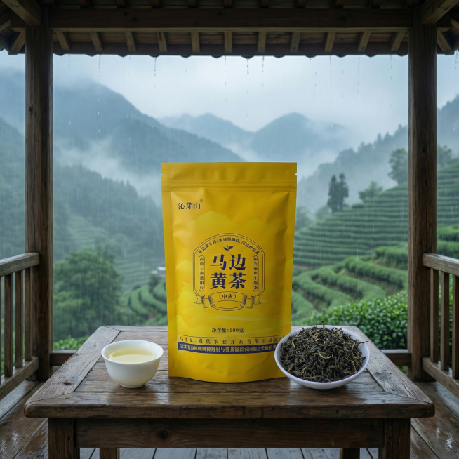 [主图 2] 马边黄茶意境主图，中式高山茶园烟雨风格，朦胧氛围感。商业摄影质感，细雨朦胧柔光，画面清新雅致。保留产品包装所有文字，保证左上角沁芽山字体清晰可辨，不添加额外文字文案。产品包装放置在古旧木预览效果