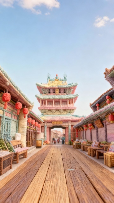 建筑整体呈现出全毛线质感的风格，毛线有层次感，毛线颜色为马卡龙色调。建筑保留原始形状，各个部分都如同被柔软的毛绒材质精心包裹预览效果