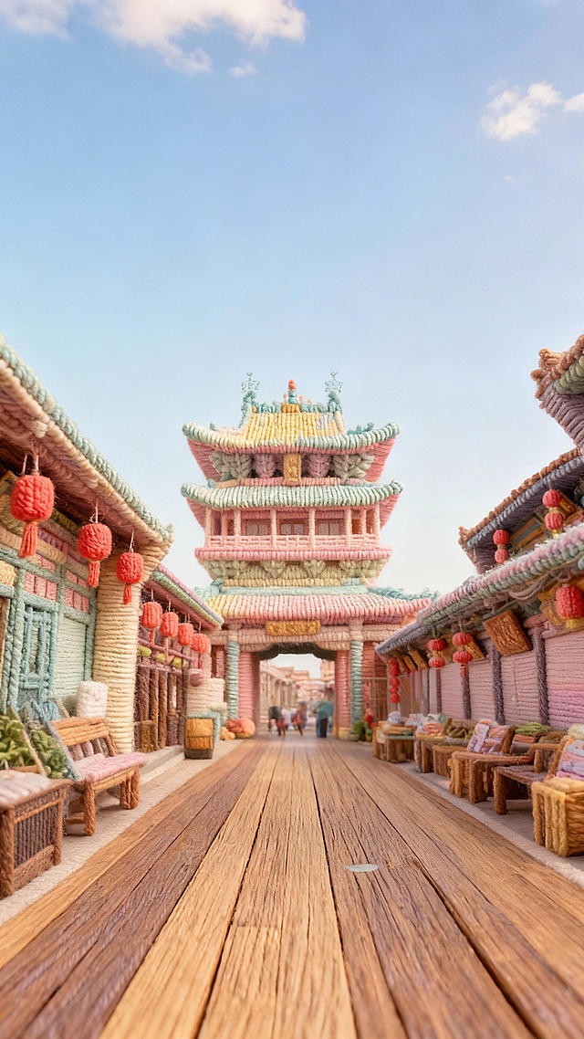 建筑整体呈现出全毛线质感的风格，毛线有层次感，毛线颜色为马卡龙色调。建筑保留原始形状，各个部分都如同被柔软的毛绒材质精心包裹