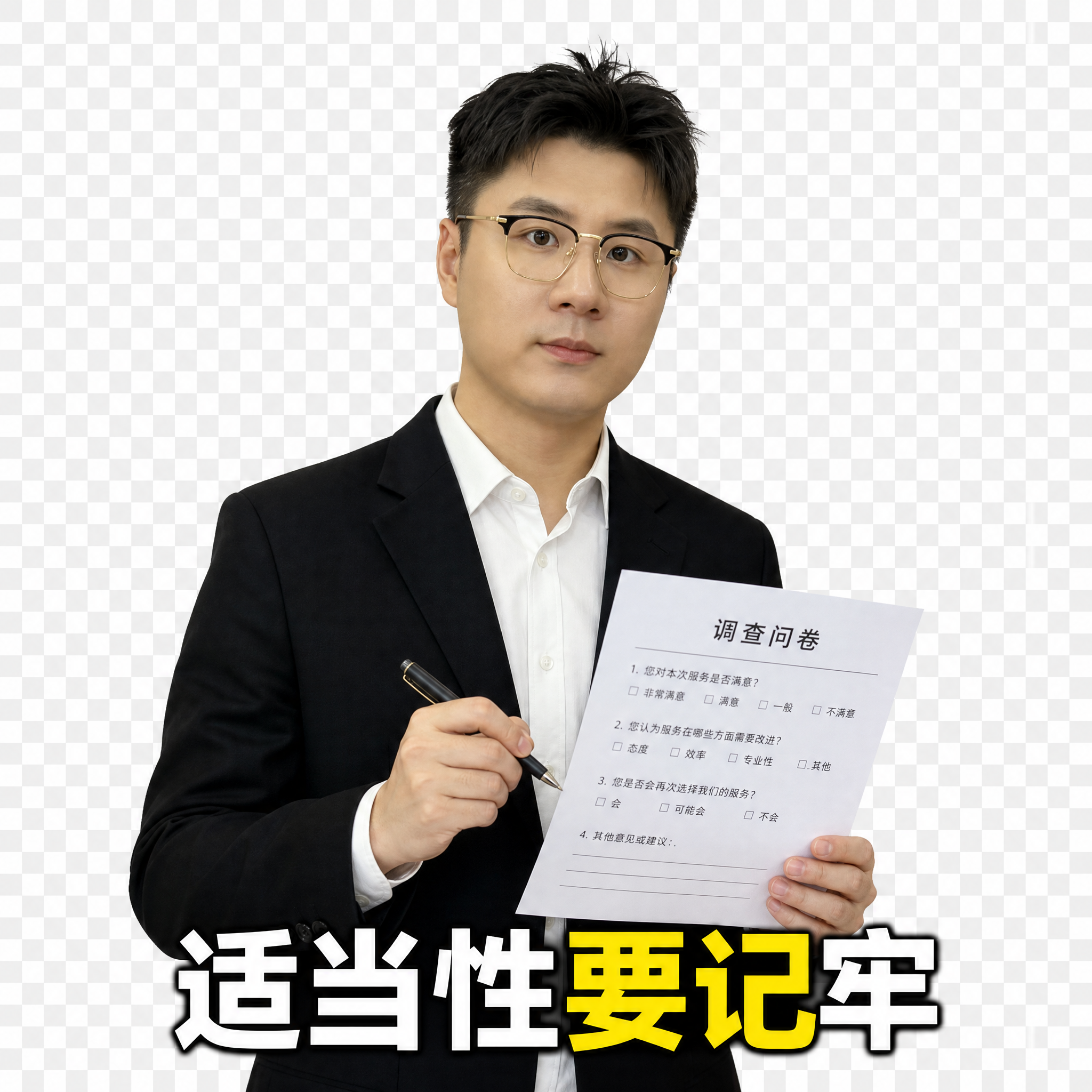 参考图中男士的面部特征和样貌，戴着眼镜，穿着黑色西装白衬衫。手… - 图片创意预览