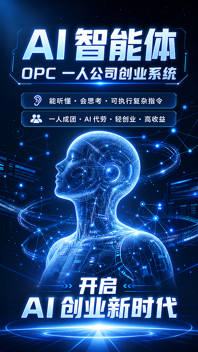 未来AI智能体海报，科技人型轮廓，神经网络光效，蓝色科技，极简未来感，高清炫酷，创业宣传风，包含文案"AI 智能体・OPC 一人公司创业系统 能听懂・会思考・可执行复杂指令 一人成团・AI 代劳・轻创业・高收益 开启 AI 创业新时代"