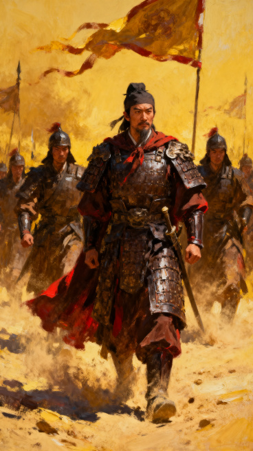 宏大古战场战争场景，南宋词人辛弃疾身着铠甲作为主帅站立前方，身后紧跟着准备上阵杀敌的南宋士兵战友，黄沙漫天，战旗飘扬，史诗级氛围，油画风格预览效果