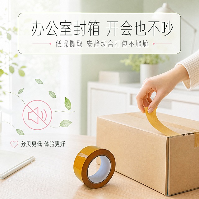 [主图-2] 静音无声封箱胶带 办公室场景卖点证明，清新雅致风格，展示低噪撕取安静场合打包不尴尬。
[统一基调] 清新雅致风格，浅米白+淡薄荷绿渐变背景，主标题深墨绿细黑体，副标题灰绿色，强调色用柔粉色，字体统一为纤细优雅无衬线体，卡片用米白色半透明圆角矩形配细绿边，图标用纤细线性自然风。
[画面] 画面右侧为清新简约的北欧风办公室桌面场景局部，一张浅木色书桌上放着待封箱的米色牛皮纸箱，一只纤细的女性手部（仅露手部和小臂，穿米白针织袖口）正在轻柔撕取米黄色封箱胶带，动作优雅缓慢，胶带被拉起呈柔和弧形。背景虚化可见白色桌面、浅绿植物盆栽一角和简约台灯，营造安静雅致的办公环境。胶带外观与输入图的米黄色胶带一致，放在纸箱旁边。画面左侧有轻柔的静音符号，被几片小绿叶环绕，强调低噪音的舒适感。
[光影质感] 柔和窗边自然光环境，均匀温暖的漫射光，胶带和手部有自然柔影，纸箱有温润立体感，背景虚化突出前景胶带和手部动作，整体光线明亮柔和。
[配色] 背景为清新办公环境浅木色+白色+淡绿，主标题深墨绿，强调色柔粉，胶带保持米黄色。
[文字版式] 画面上方居中位置，米白半透明圆角细绿边横幅，内有大号细体深墨绿字主标题"办公室封箱 开会也不吵"，下方稍小灰绿色字副标题"低噪撕取 安静场合打包不尴尬"。画面左下角有柔粉色小图标加深墨绿小字"分贝更低 体验更好"。文字放在负空间，不遮挡胶带主体和手部动作，排版舒雅。
[输出要求] 1:1正方形比例，文字清晰雅致，胶带外观准确，手部自然无畸形，场景清新自然，无水印无平台Logo，画面雅致舒适。