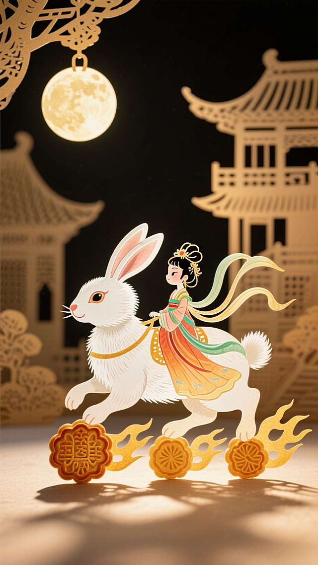 白色的毛绒绒的兔子，踩着月饼做的风火轮，驮着一个嫦娥装扮的迷你的Q版小女孩（坐在上面），一轮圆月挂在画面左上方，月亮不要太大，背景是剪纸风格的古今建筑群，暖色调