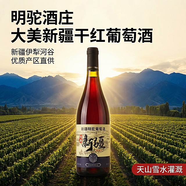 [主图 1] 明驼酒庄大美新疆干红葡萄酒首图，突出新疆地域优势，重新生成
[氛围/风格] 品质高端，自然高级风，突出新疆天山产地氛围感，食欲感满满
[画面元素] 干红葡萄酒瓶居中展示，保持产品外观与原图完全一致，背景融入天山山脉和葡萄庄园远景，自然暖阳逆光，光影自然通透，全屏无边框设计
[配色色系] 主色调：深紫红（酒液）、暖黄色（阳光），辅助色：浅蓝（天山远景）、绿色（葡萄园）
[视角构图] 平视，主体居中，景深适中，突出产品
[文字版式] 主标题："明驼酒庄 大美新疆干红葡萄酒"，字体粗体黑色，位于画面左上角；副标题小字："新疆伊犁河谷 优质产区直供"，在主标题下方；右下角红色标签标注核心卖点"天山雪水灌溉"。文案悬浮，不遮挡主体，字与背景对比清晰易读。
[比例分辨率] 1:1比例，2k分辨率。保持产品外观与用户上传原图完全一致。
