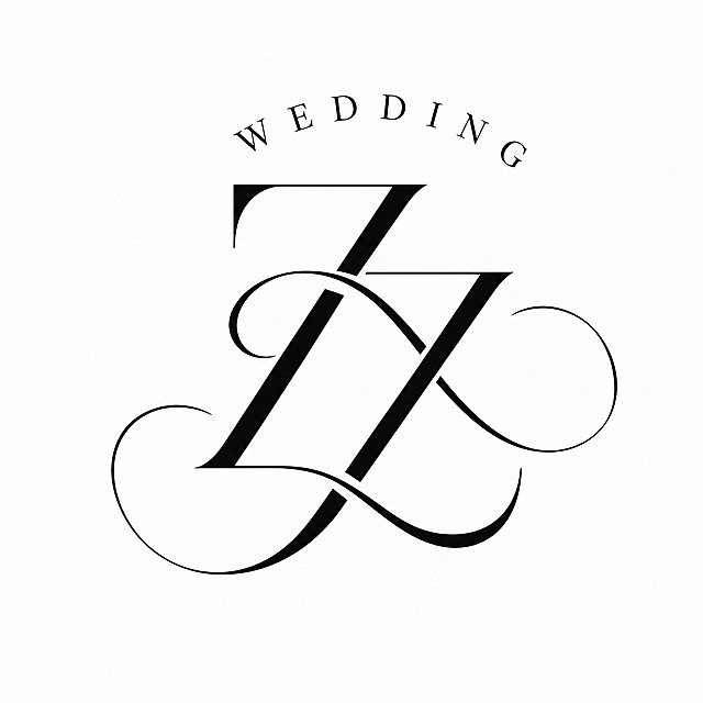 黑色字体，纯白色背景，干净的背景，创意衬线字体设计婚礼logo，上方弧形排列"WEDDING"小字，中间主体"ZZ"两个字母艺术化交织设计，将字体进行大幅度抽象变形。Z与Z两个字母笔画相互连笔共用融合为一个整体图形，字形被解构重组成logo化的紧凑构图，部分笔画延伸为大弧度优雅装饰性曲线贯穿设计，笔画圆润流畅与几何直线混搭，衬线体笔画粗细对比优雅精致，整体风格极简轻奢、高级干净、简约现代。画面中只能出现这些文字："WEDDING"、"Z"、"Z"，不得增加、遗漏或替换任何一个字。文字整体必须完整呈现在画面内不可被裁切，四周留有安全边距。比例1:1