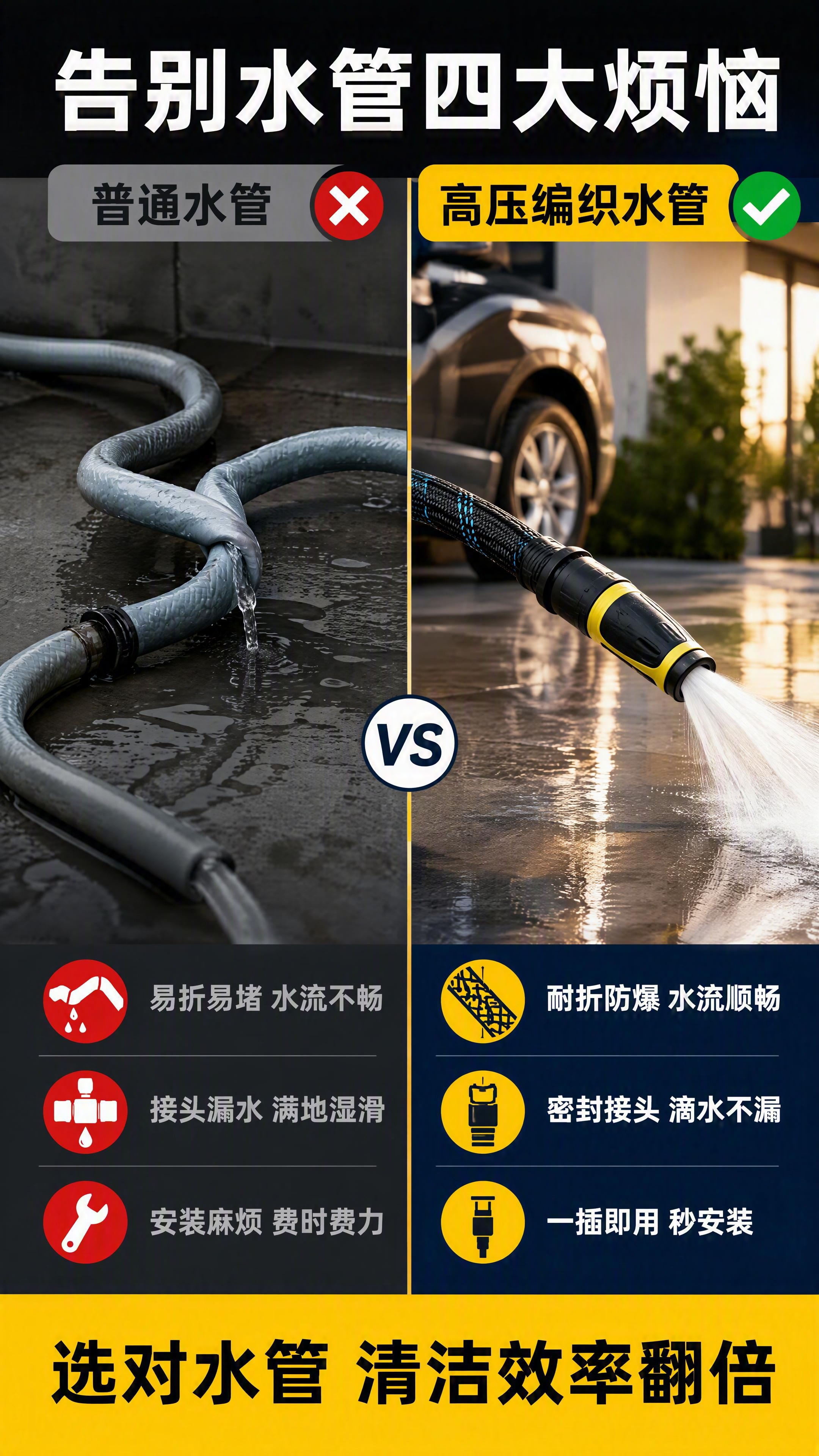 [第2张] 痛点解决对比页-传统水管vs高压编织水管优势对比。… - 图片创意预览