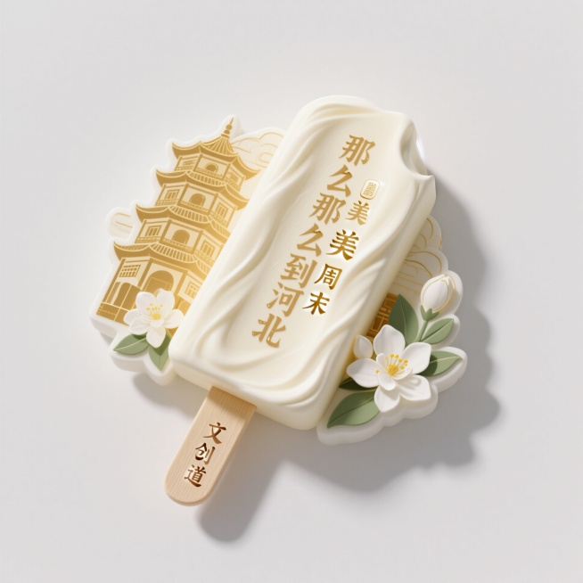 文创雪糕，画面主体为“那么久那么美周末到河北”，邯郸道黄金楼建筑、茉莉花元素装饰，浅金色预览效果