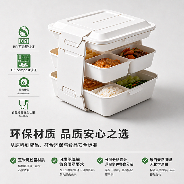 [主图-5] 环保餐具权威背书与规格总结。氛围风格为简洁可信，助力最终转化。商业摄影质感，画面干净清晰，信息排版舒朗。产品主体完整居中放置，保持外观结构材质颜色与原图一致，无变形无色差。左下角放置合规认证徽章样块，展示可降解食品接触安全认证标识。产品占比约60%，周围预留足够信息空间。均匀柔和棚拍光线，产品展示完整清晰，无明显阴影遮挡。浅灰色背景，米白产品，深灰文字，绿色认证标识，配色简洁明快，突出环保属性。居中构图，产品完整展示，信息分区明确，顶部产品展示，底部信息排版。底部区域分点列出核心卖点：1 玉米淀粉基材质 2 可堆肥降解 符合限塑要求 3 分层分格设计 满足多种餐食分装 4 米白天然肌理 无化学漂白。文字排版左对齐，大小对比清晰，主卖点字号更大，绿色对勾做项目符号，整体干净不拥挤。1:1比例，文字清晰可辨，超高清。负向提示词：变形，文字错乱，产品图模糊，背景杂乱，水印，电商平台Logo