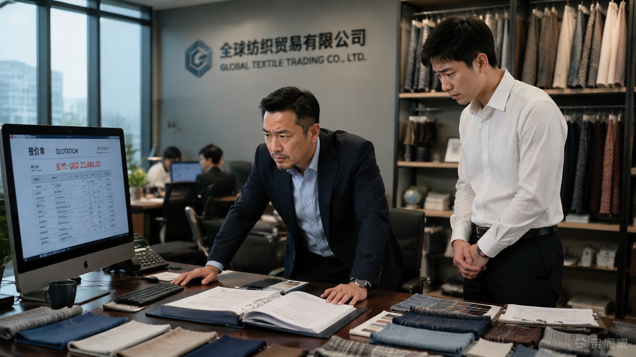 微信公众号文章插图，商业故事风格，现代化纺织贸易公司办公室内景… - 图片创意预览