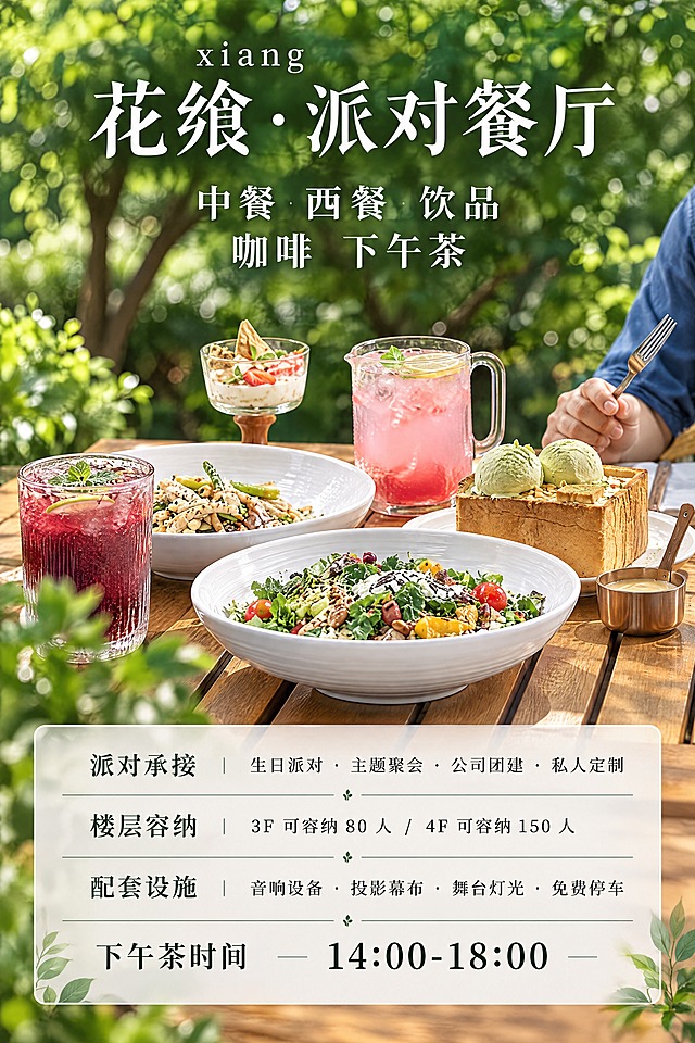 基于参考图的派对餐厅海报风格，重新设计一张竖版餐厅宣传海报，宽高比例60:90。保留原海报的绿植庭院背景、精致餐食饮品摆盘、木质餐桌的清新自然格调。画面顶部保留品牌名文字及拼音，下方保留餐品品类文字。画面中下部清晰呈现派对承接业务、楼层容纳人数、配套设施、下午茶时间等宣传信息，文字排版整洁美观，字体清晰易读，整体画面高级有质感，适合作为餐厅宣传海报。