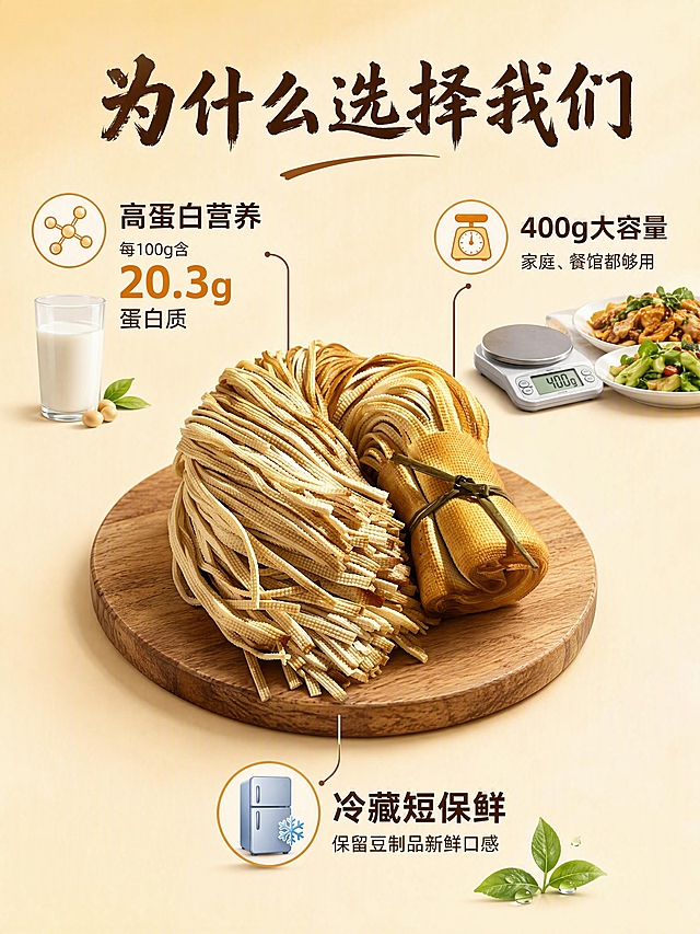 卖点拆解 三大核心理由页 信息展示风 清晰直观 暖棕色调 商业产品摄影质感 画面中央为一捆五香干豆腐丝主体 摆放在木质砧板上 占比约五成 保持产品外观 物理结构 材质质感 颜色与输入产品图一致 从产品向四周引出三条细线 分别指向三个卖点区域 左上区域 高蛋白营养 配蛋白质分子小图标与牛奶杯示意 右上区域 400g大容量 配电子秤与家庭餐盘示意 下方区域 冷藏短保鲜 配冰箱与新鲜叶片示意 背景为浅米色渐变 整体干净清晰 柔和顶光均匀照射 产品表面光影自然 各卖点区域图标与文字清晰 整体光线明亮通透 阴影柔和 全局底色浅奶黄 主色深棕 豆金黄 辅助色图标绿 浅蓝 暖橙点缀 中心产品加三方向引线卖点 阅读动线从中央产品向三个卖点扩散 整体构图均衡 信息层次清晰 顶部主标题 为什么选择我们 粗笔书法体深棕色居中 三个卖点区域各有标题加说明 左上 高蛋白营养 标题下 每100g含20.3g蛋白质 数字放大金黄色 右上 400g大容量 标题下 家庭 餐馆都够用 下方 冷藏短保 标题下 保留豆制品新鲜口感 引线为细棕色线条 配简约小图标 竖版3比4比例 4K分辨率 文字清晰可辨 高清画质 变形 水印 文字错乱 文字过小 缺件错件 结构错误 颜色偏差 产品图模糊 背景杂乱 多余的手 畸形手
