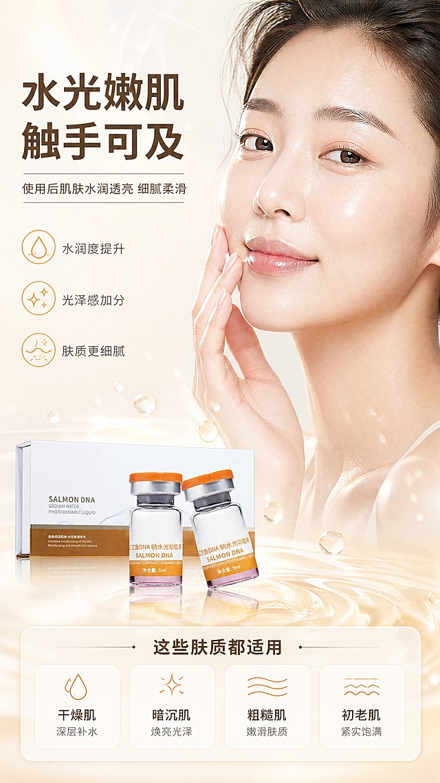 [商品] 使用【图1】三文鱼DNA钠水光动能液产品图；保留外盒与西林瓶的结构、颜色、材质、标签文字完全保真；产品置于画面左下角，占画面约25%。
[画面] 目标：真人效果+肤质适配展示，传递使用后肌肤水润透亮状态。构图：右上为亚洲女性模特脸部特写（约占画面50%），肌肤呈现水润光泽、细腻嫩滑状态，表情自然放松，手轻触脸颊做护肤动作；左下角放置产品；右下区域为肤质适配卡片；背景为暖白色柔光渐变，点缀淡金色水光波纹，营造温润护肤氛围；前景点缀柔光与水珠，中层模特与产品清晰，背景柔和虚化。
[视觉] 套系策略：风格=高端医美护肤商业摄影风，极简高级；标题字=现代无衬线粗体，字重厚重；正文字=简洁无衬线体，清晰易读；主色=暖白+浅橘金；背景延展=基于暖白色做水光渐变、同色系深浅层次与细腻通透质感；强调色=橘金色，仅用于小面积图标、引线、标签和重点文字高亮；标题色=深棕灰；正文色=中暖灰；组件=圆角浅底信息卡、圆形icon、细线分隔；光影=左前侧暖柔光，产品底部带柔和倒影。
[文字] 顶部主标题"水光嫩肌 触手可及"，副标题"使用后肌肤水润透亮 细腻柔滑"；模特旁标注3条效果短句："水润度提升""光泽感加分""肤质更细腻"；右下肤质适配区标题"这些肤质都适用"，下方4个圆角卡片："干燥肌 深层补水""暗沉肌 焕亮光泽""粗糙肌 嫩滑肤质""初老肌 紧实饱满"；所有文字横排，不遮挡模特脸部与产品主体。
[规格] 图片比例9:16竖版，4K，负向提示：避免变形、错字、文字过小、冷蓝/冷灰背景、医疗功效承诺、夸大前后对比、产品文字错乱、欧美面孔。