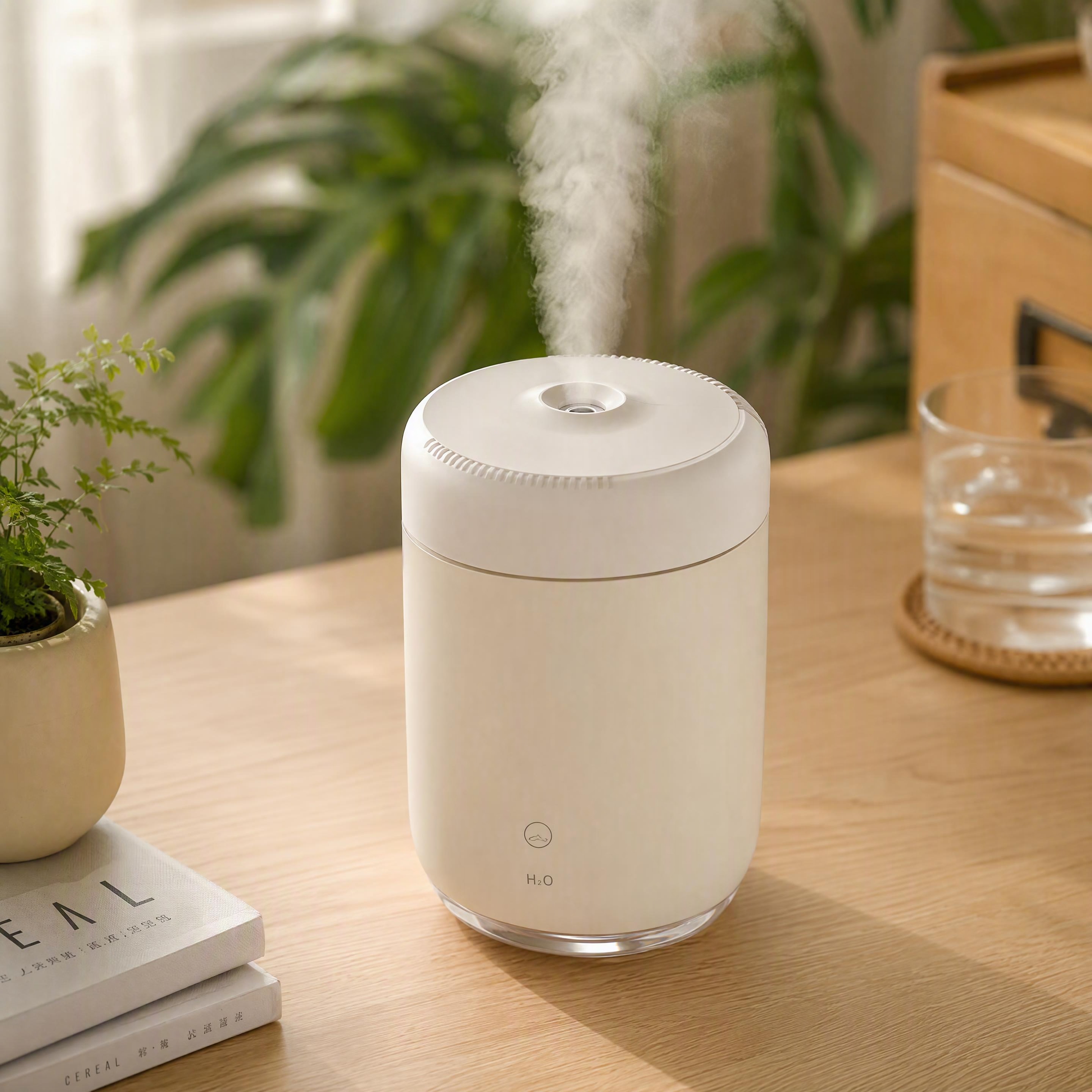 一款精致的桌面小型加湿器商品图，奶白色磨砂质感机身，圆润简约的… - 图片创意预览