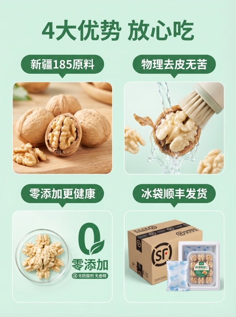 [优势介绍页排版] 鲜湿核桃仁四大优势介绍
[氛围风格] 简洁明了，清晰易读，自然清新
[画面元素] 商业摄影质感，光线柔和通透，画面干净高级。将四个优势点分布在四个角落：左上角放新疆185纸皮核桃原预览效果