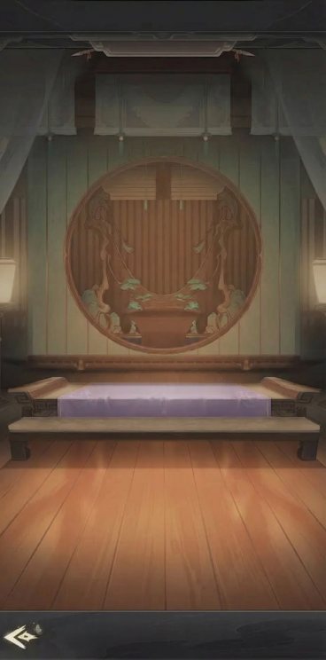 去掉图片中所有UI元素、按钮、文字、进度条、顶部导航，只保留原始古风室内场景和舞台，保持画面整体风格和色调一致预览效果