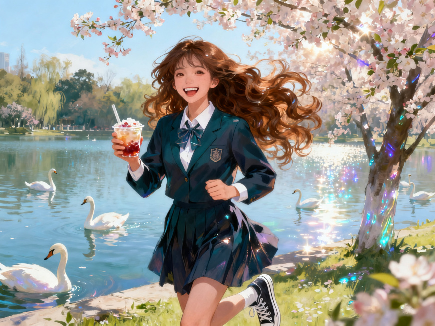 活泼女大学生，齐腰棕色大波浪卷发，穿绀色JK制服配白衬衫，帆布鞋，成都本地人，脸上带笑，露虎牙，手里举着手工冰粉，跑起来头发飘着，站在天鹅湖海棠花树下，阳光明媚，色彩明亮，AI写实人像预览效果