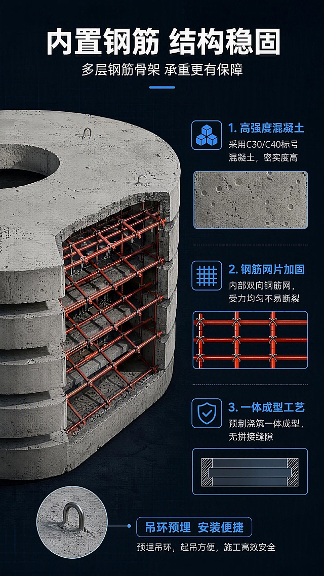 [第4张] 详情页结构材质解析-混凝土检查井盖板内部钢筋结构剖面。本张使用【图1】作为产品外观主体，叠加内部结构示意。
[氛围/风格] 工业技术风，专业严谨，工程图纸质感，1688 B端专业风格。
[元素布局] 画面左侧为一块混凝土圆形盖板的半剖面效果，占比约50%，外部水泥外观与输入图一致，内部展示钢筋网格骨架结构（用红色线条标注钢筋走向）；右侧为结构说明区，分3个信息模块讲解材质与结构优势。
[光影质感] 左侧产品有侧光照明，剖面边缘清晰，内部钢筋结构用高亮线条突出；右侧信息区平光，文字清晰。
[配色色系] 全局底色 #1A252F 深黑蓝（专业技术风底色）；主色水泥灰；辅助色钢筋红 #E74C3C、技术蓝 #3498DB、白字。
[视角构图] 左产品右信息的左右分栏布局，45°侧视产品剖面，阅读动线左产品 → 右说明。
[文字版式] 顶部主标题「内置钢筋 结构稳固」，副标题「多层钢筋骨架 承重更有保障」，白色粗体居中；右侧3个信息模块：1.「高强度混凝土」采用C30/C40标号混凝土，密实度高；2.「钢筋网片加固」内部双向钢筋网，受力均匀不易断裂；3.「一体成型工艺」预制浇筑一体成型，无拼接缝隙。每个模块配小图标，标题蓝字，说明灰字；底部加「吊环预埋 安装便捷」标注。
[比例分辨率] 9:16 竖版比例，4K分辨率，文字清晰可辨，高清画质。
[负向提示词] 产品变形，结构错误，水印，文字错乱，文字过小，颜色偏差，钢筋结构错乱。