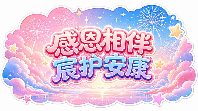 使用参考图的粉蓝渐变云朵烟花配色做底图，边缘做异形抠图处理，和整体贴纸轮廓融合，添加醒目圆润活泼的大标题："感恩相伴 宸护安康"，保持整体16:9横向喜庆风格